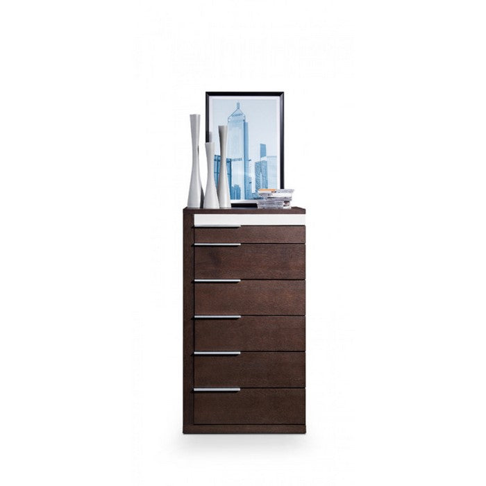 Modern Style Wooden Chest with Six Drawers and Metal Handles, Brown and Gray