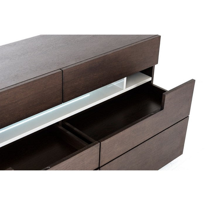 Contemporary Style Wooden Dresser with Multiple Drawers and LED Light, Brown and Gray