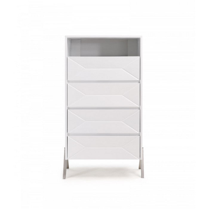 Four Drawers Modern Style Wooden Chest with Inverted V Shaped Steel Legs , White