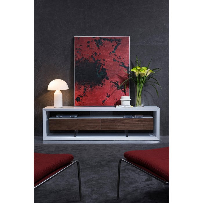 Contemporary Style Wooden TV Stand with Two Drawers and Acrylic Support, White and Brown