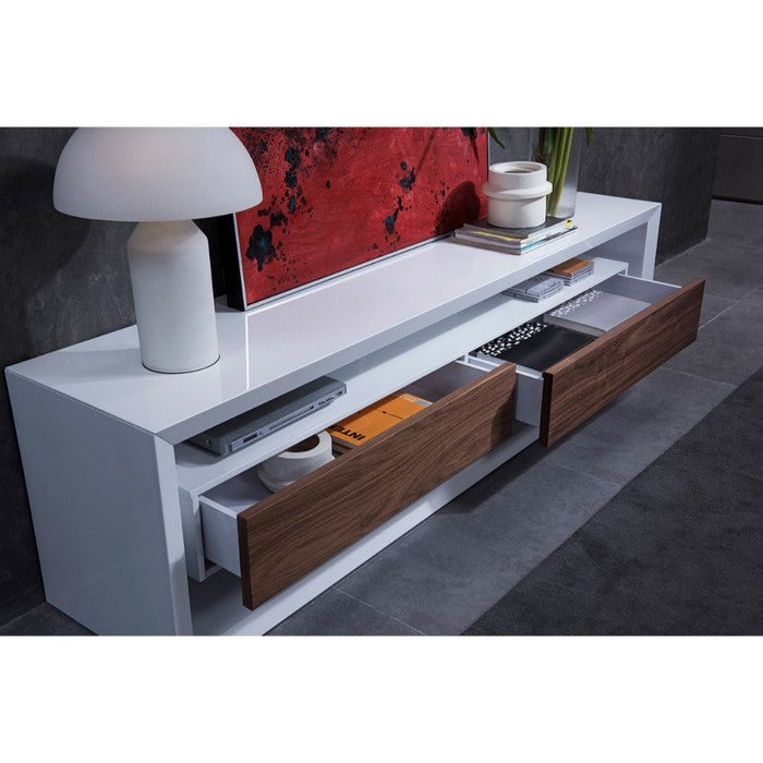 Contemporary Style Wooden TV Stand with Two Drawers and Acrylic Support, White and Brown