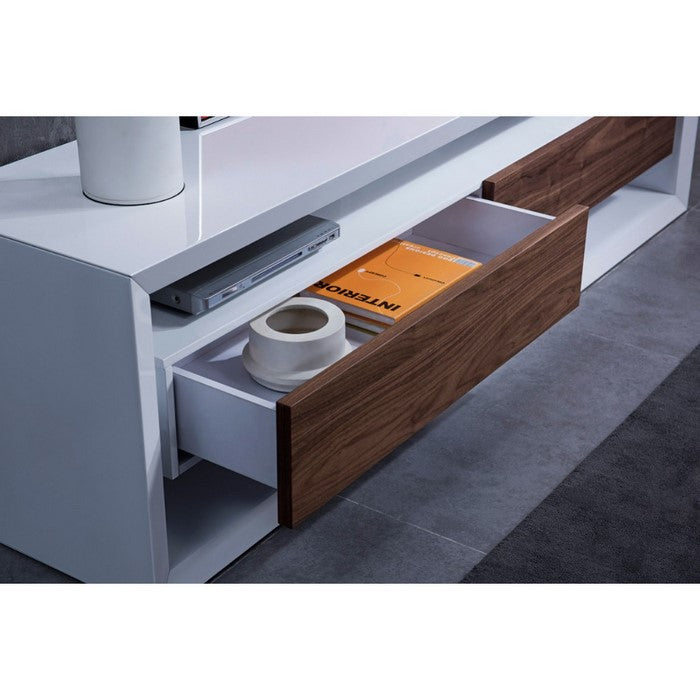 Contemporary Style Wooden TV Stand with Two Drawers and Acrylic Support, White and Brown