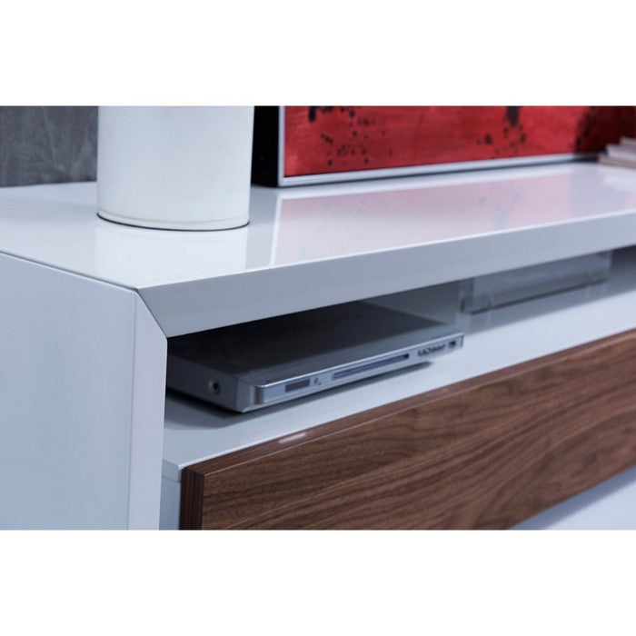 Contemporary Style Wooden TV Stand with Two Drawers and Acrylic Support, White and Brown