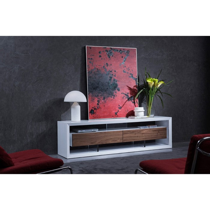 Contemporary Style Wooden TV Stand with Two Drawers and Acrylic Support, White and Brown