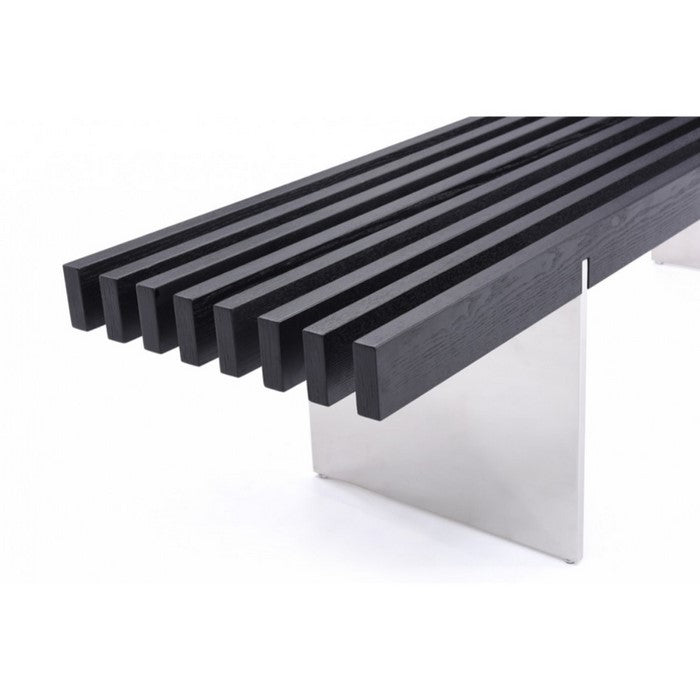 Contemporary Style Wooden Dining Bench with Stainless Steel Legs, Black And Silver