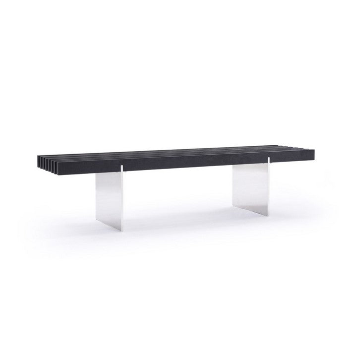 Contemporary Style Wooden Dining Bench with Stainless Steel Legs, Black And Silver