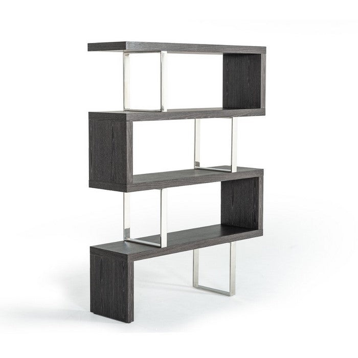 Maze Shape Modern Style Wooden Bookcase with Steel Support, Gray And Silver
