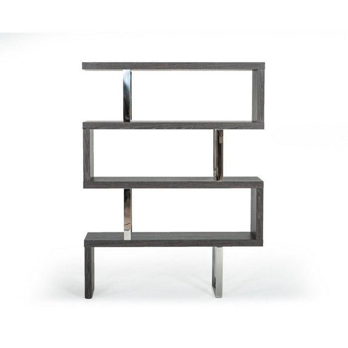Maze Shape Modern Style Wooden Bookcase with Steel Support, Gray And Silver