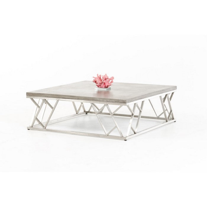 Modern Concrete Coffee Table with Ladder Style Steel Base, Gray And Silver