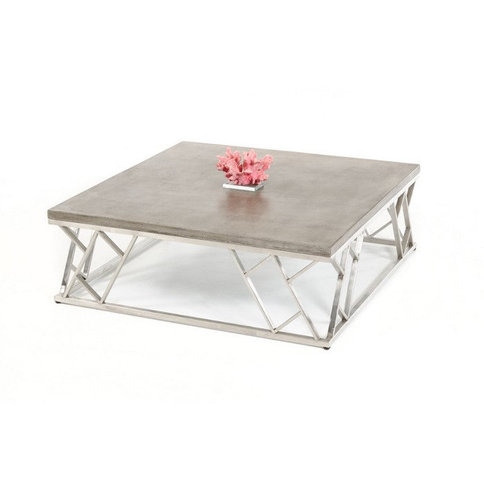 Modern Concrete Coffee Table with Ladder Style Steel Base, Gray And Silver