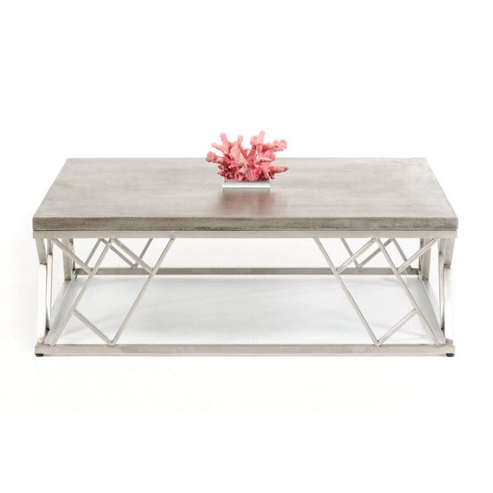 Modern Concrete Coffee Table with Ladder Style Steel Base, Gray And Silver
