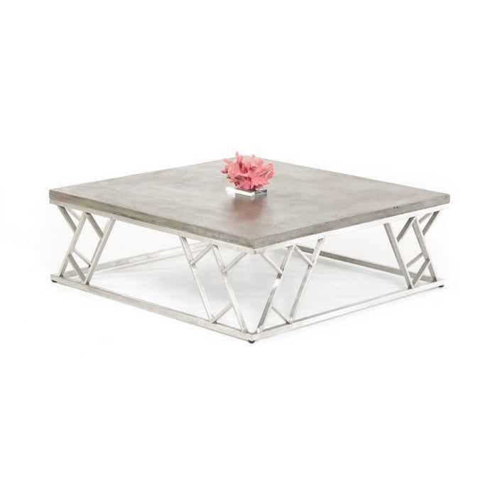 Modern Concrete Coffee Table with Ladder Style Steel Base, Gray And Silver