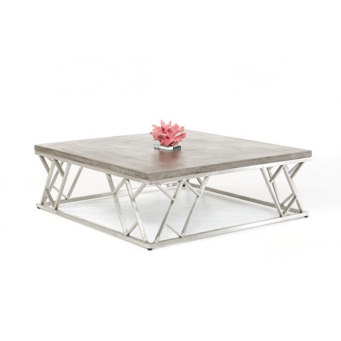 Modern Concrete Coffee Table with Ladder Style Steel Base, Gray And Silver