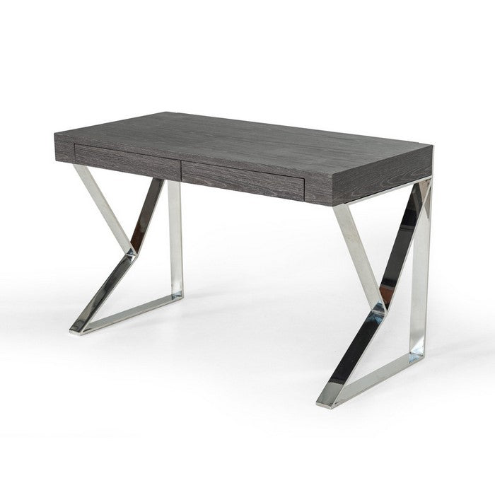 Modern Style Rectangular Wooden Desk with Stainless Steel Geometrical Legs, Gray And Silver
