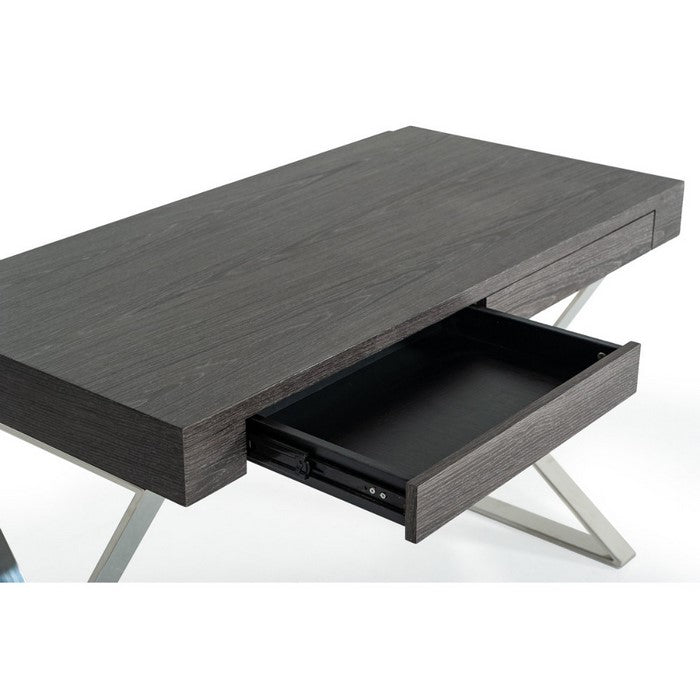 Modern Style Rectangular Wooden Desk with Stainless Steel Geometrical Legs, Gray And Silver