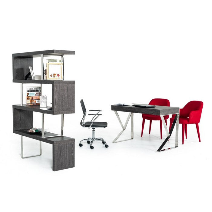 Modern Style Rectangular Wooden Desk with Stainless Steel Geometrical Legs, Gray And Silver