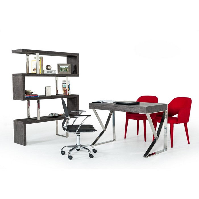 Modern Style Rectangular Wooden Desk with Stainless Steel Geometrical Legs, Gray And Silver