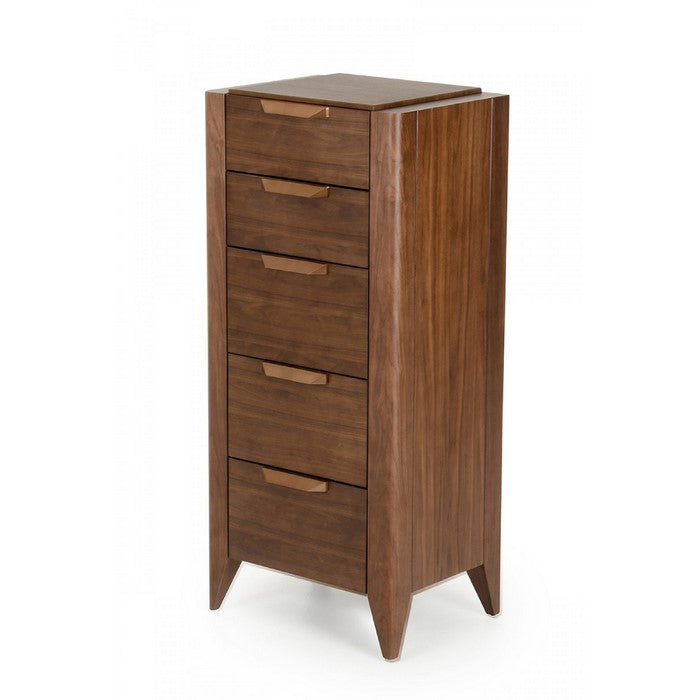 Five Drawers Wooden Chest with Metal Bar Handles And Pointed Legs, Brown
