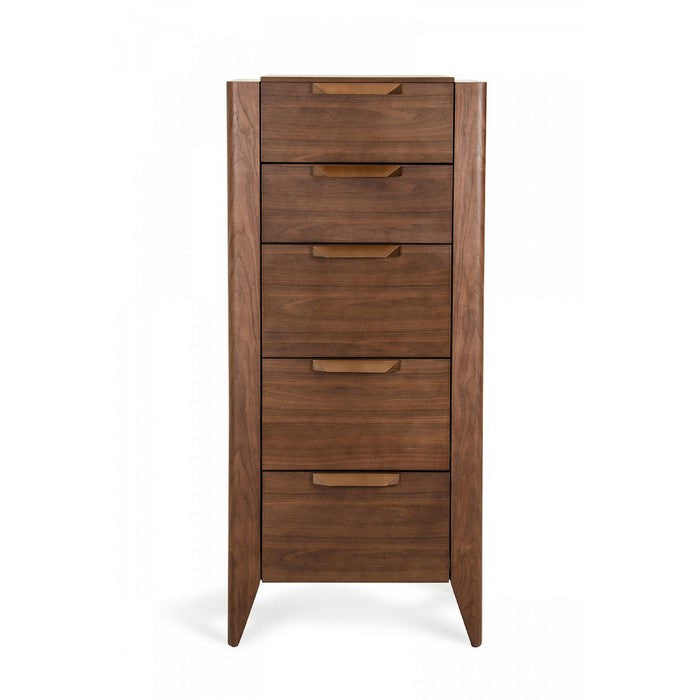 Five Drawers Wooden Chest with Metal Bar Handles And Pointed Legs, Brown