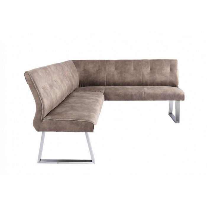 Fabric Upholstered L Shaped Dining Bench with Stainless Steel Sled Legs, Brown and Silver