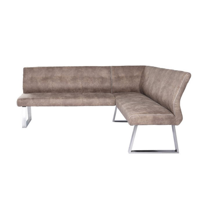 Fabric Upholstered L Shaped Dining Bench with Stainless Steel Sled Legs, Brown and Silver