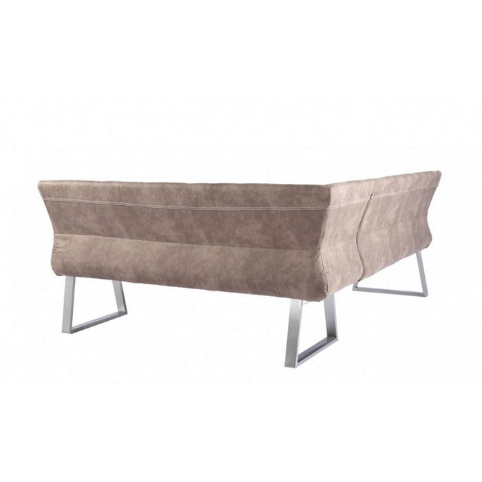 Fabric Upholstered L Shaped Dining Bench with Stainless Steel Sled Legs, Brown and Silver