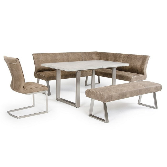 Fabric Upholstered L Shaped Dining Bench with Stainless Steel Sled Legs, Brown and Silver