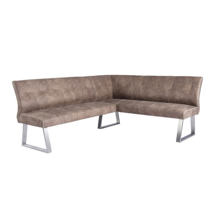 Fabric Upholstered L Shaped Dining Bench with Stainless Steel Sled Legs, Brown and Silver