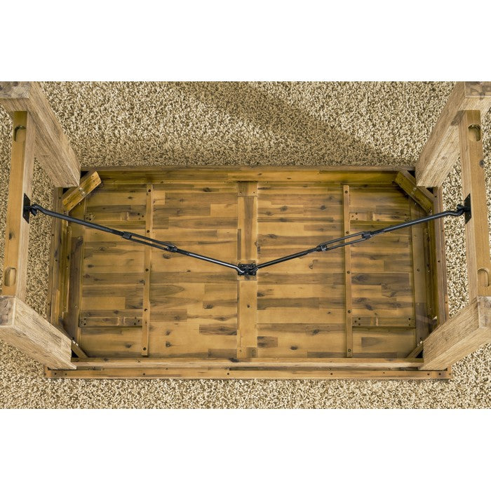 Acacia Solid Wood Table Top with Block Legs and Attached Turnbuckles, Brown