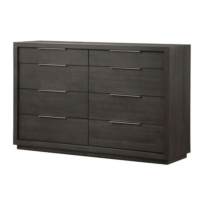 Eight Drawer Dresser with Nickel Plated Pull and Floating Plinth Base, Gray