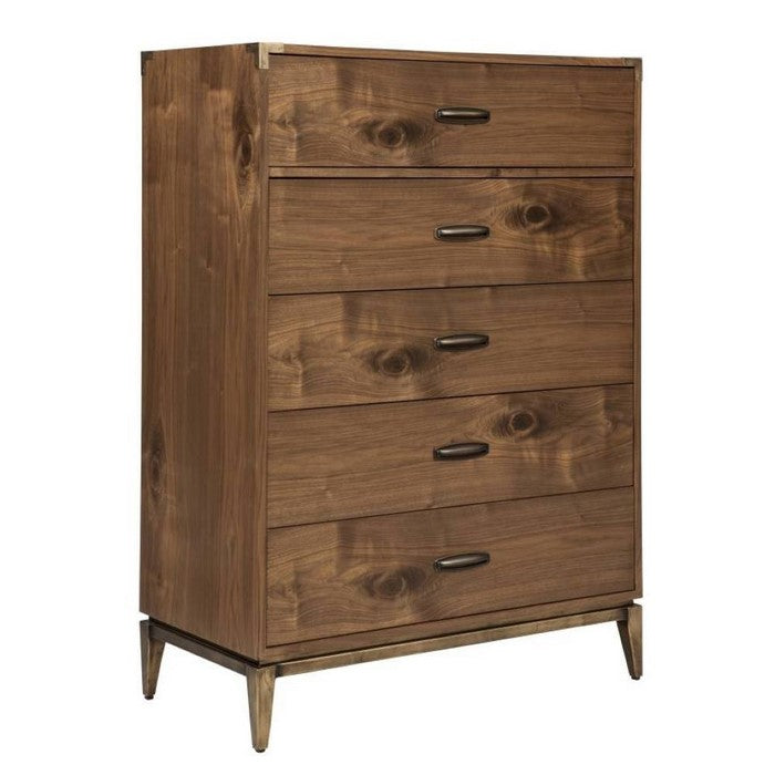 Five Drawer Chest with Bronzed Brass Corner Brackets and Base, Natural Walnut Brown