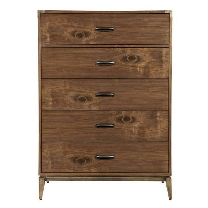 Five Drawer Chest with Bronzed Brass Corner Brackets and Base, Natural Walnut Brown