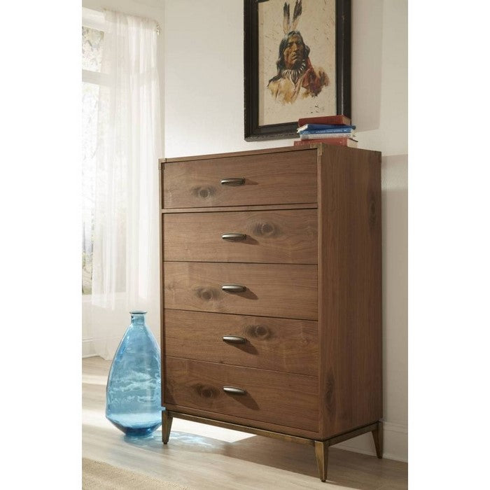 Five Drawer Chest with Bronzed Brass Corner Brackets and Base, Natural Walnut Brown