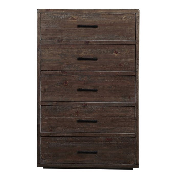 Five Drawer Slated Wood Chest with Metal Pull Handles, Espresso Brown