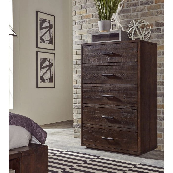 Five Drawer Slated Wood Chest with Metal Pull Handles, Espresso Brown