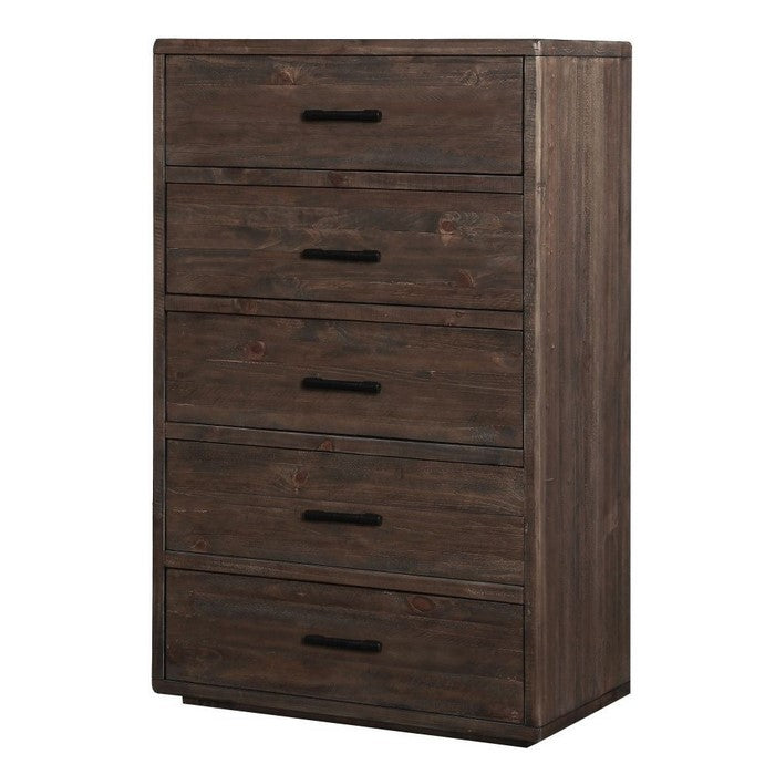 Five Drawer Slated Wood Chest with Metal Pull Handles, Espresso Brown