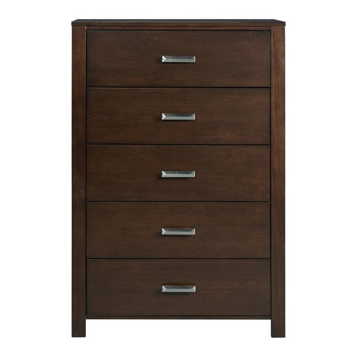Five Drawer Wooden Chest with Metal Pull Handles, Dark Brown
