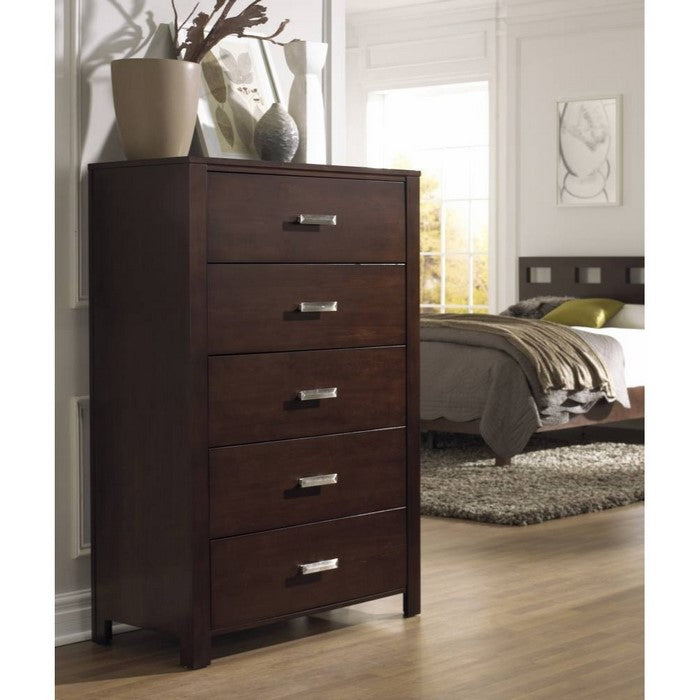 Five Drawer Wooden Chest with Metal Pull Handles, Dark Brown