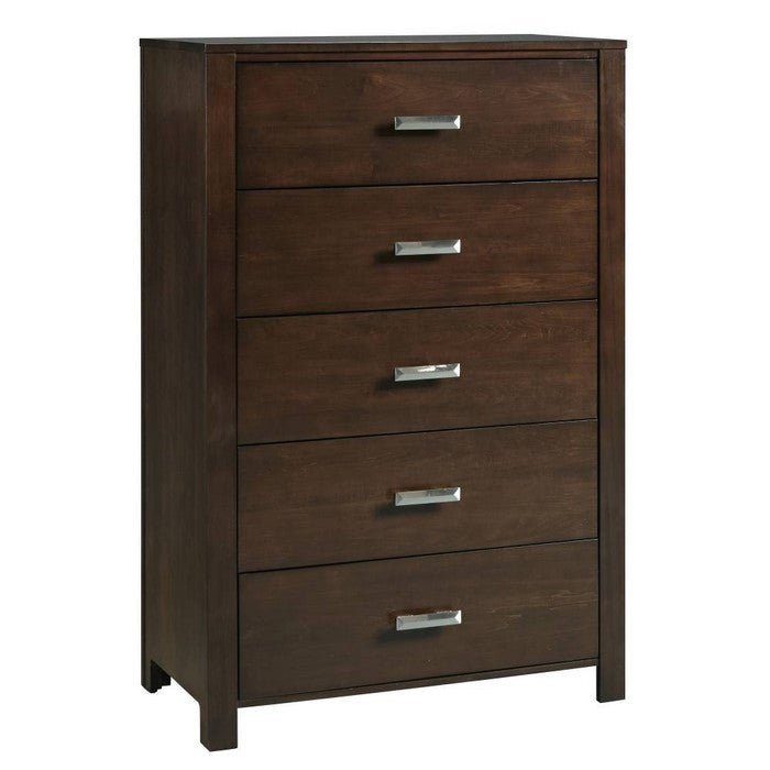 Five Drawer Wooden Chest with Metal Pull Handles, Dark Brown