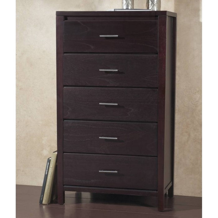 Five Drawer Wooden Chest with Metal Pull Handles, Espresso Brown