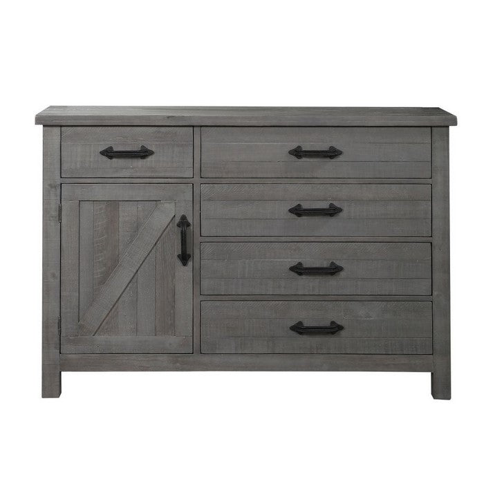 Five Drawer Wooden Dresser with Plank Design, Rustic Gray