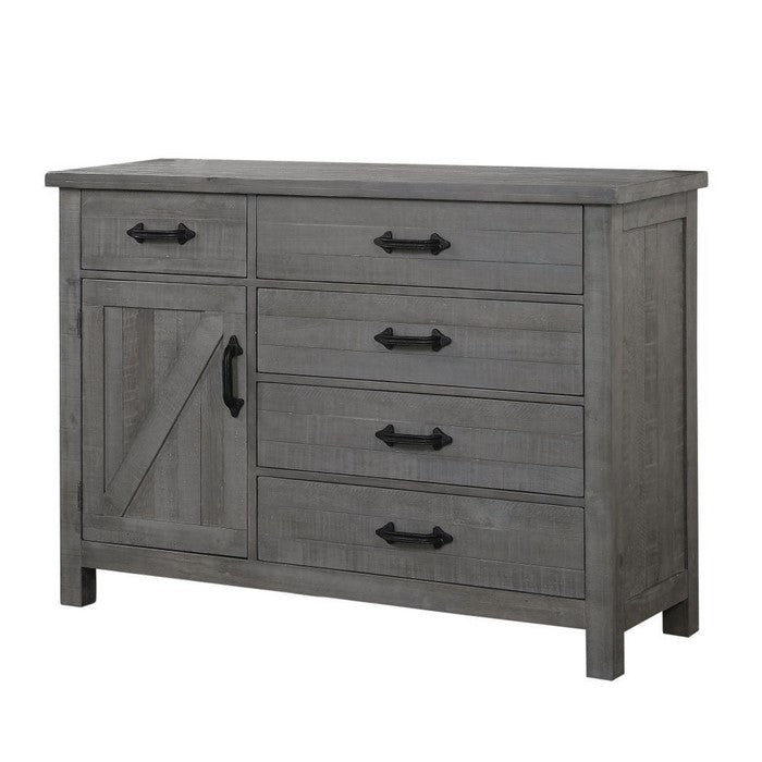 Five Drawer Wooden Dresser with Plank Design, Rustic Gray