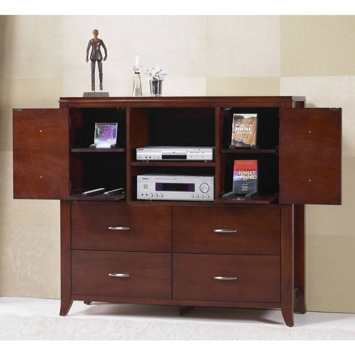Four Drawers Wooden Media Chest with Two Open Shelves, Cinnamon Brown