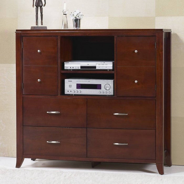 Four Drawers Wooden Media Chest with Two Open Shelves, Cinnamon Brown
