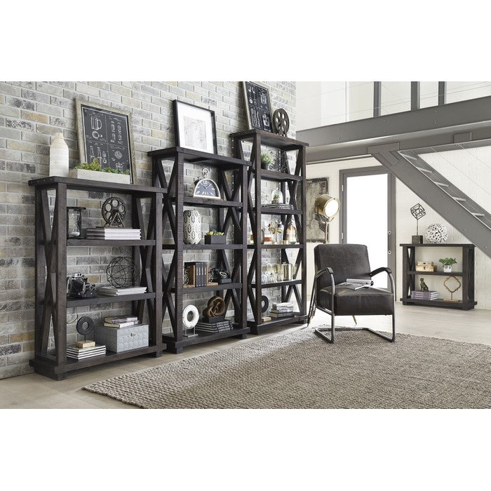 Four Tier Wooden Bookshelf with Exposed Bolts and Rustic Cross Bracing , Brown