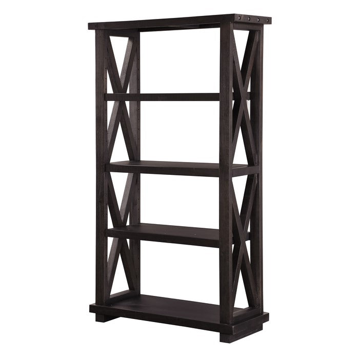 Four Tier Wooden Bookshelf with Exposed Bolts and Rustic Cross Bracing , Brown