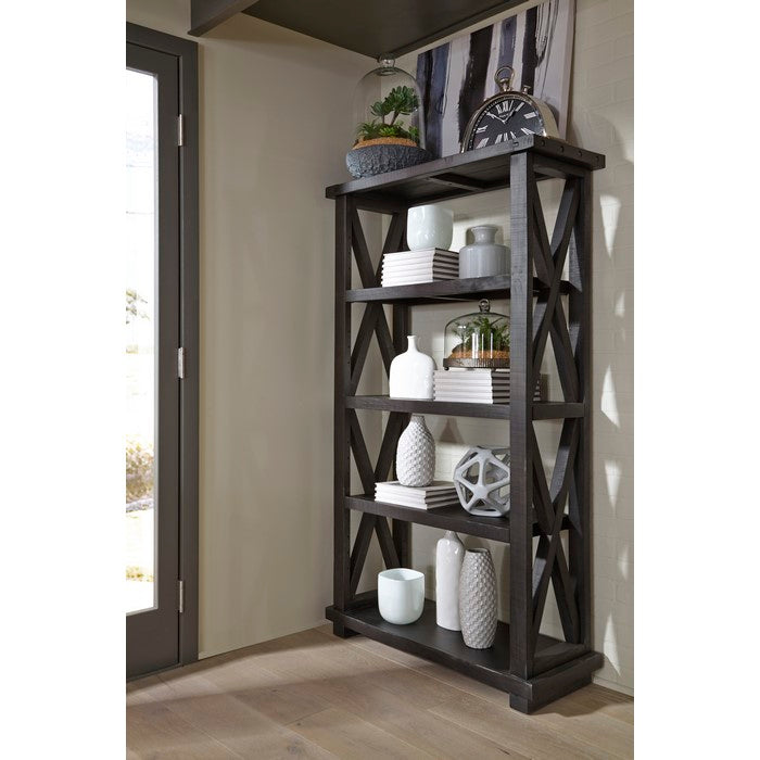 Four Tier Wooden Bookshelf with Exposed Bolts and Rustic Cross Bracing , Brown