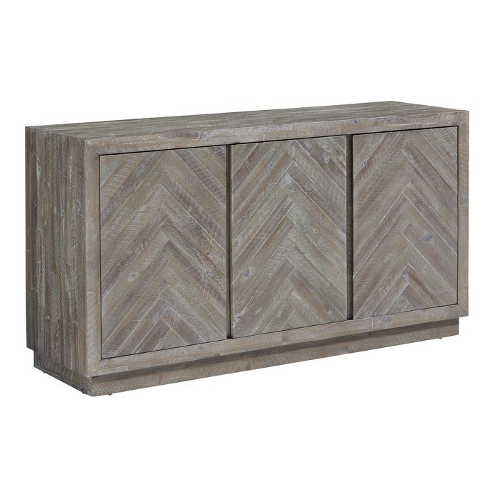 Herringbone Pattern Wooden Sideboard with Three Door Cabinets, Rustic Latte Gray