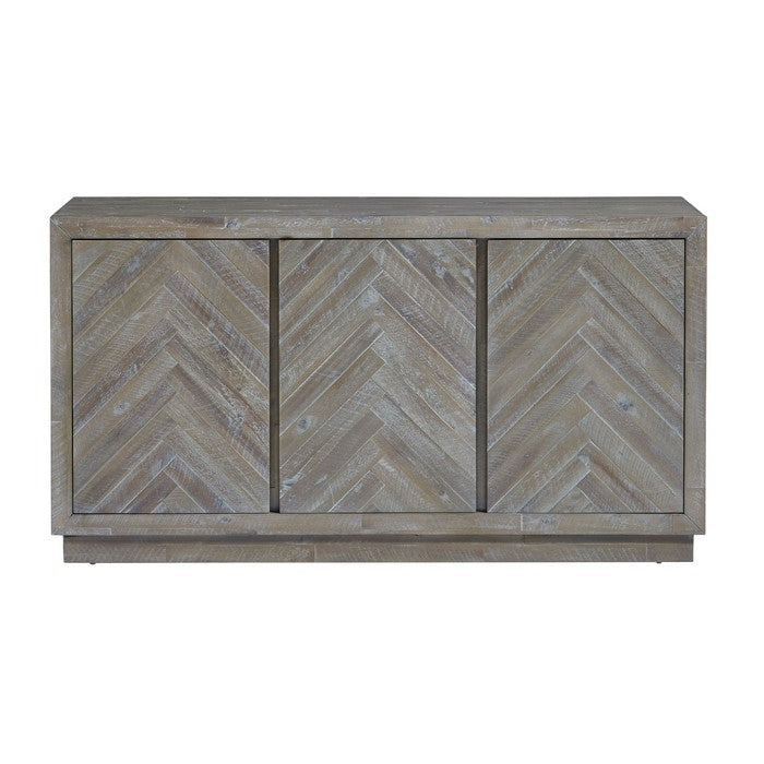 Herringbone Pattern Wooden Sideboard with Three Door Cabinets, Rustic Latte Gray
