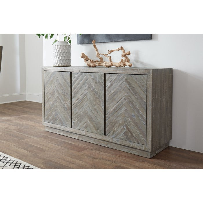 Herringbone Pattern Wooden Sideboard with Three Door Cabinets, Rustic Latte Gray
